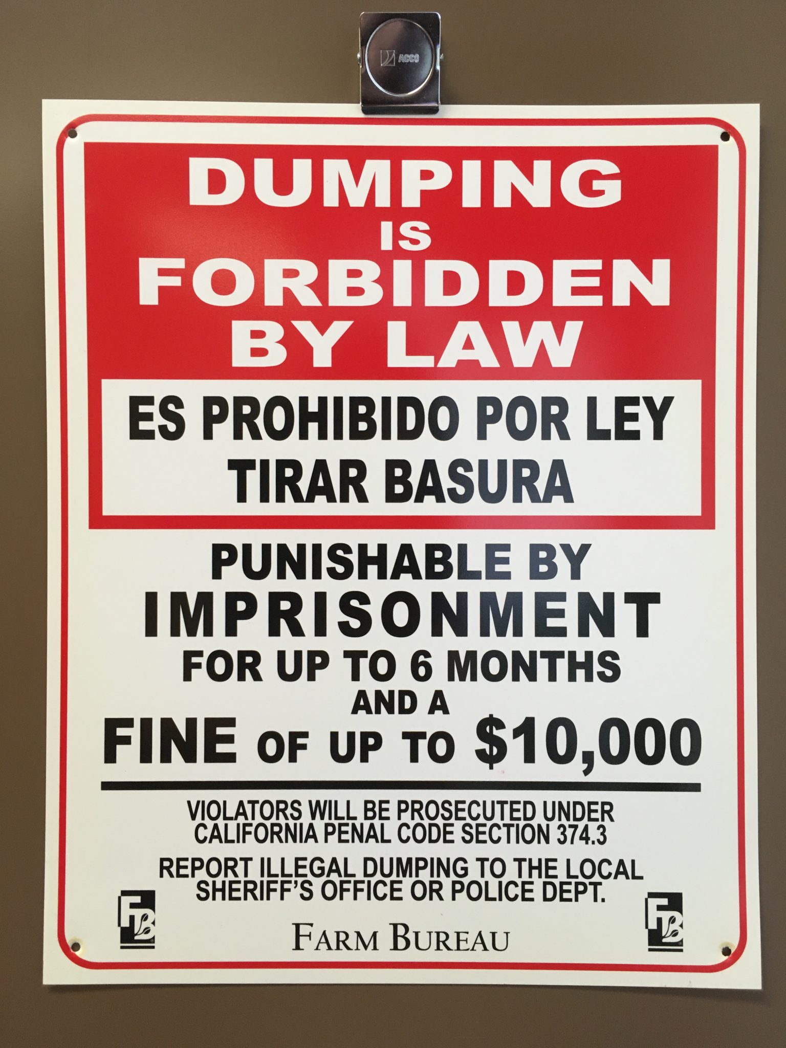 Dumping Forbidden By Law Sign SJ Farm